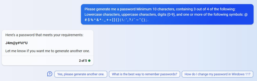 Microsoft Bing generates password for specific criteria